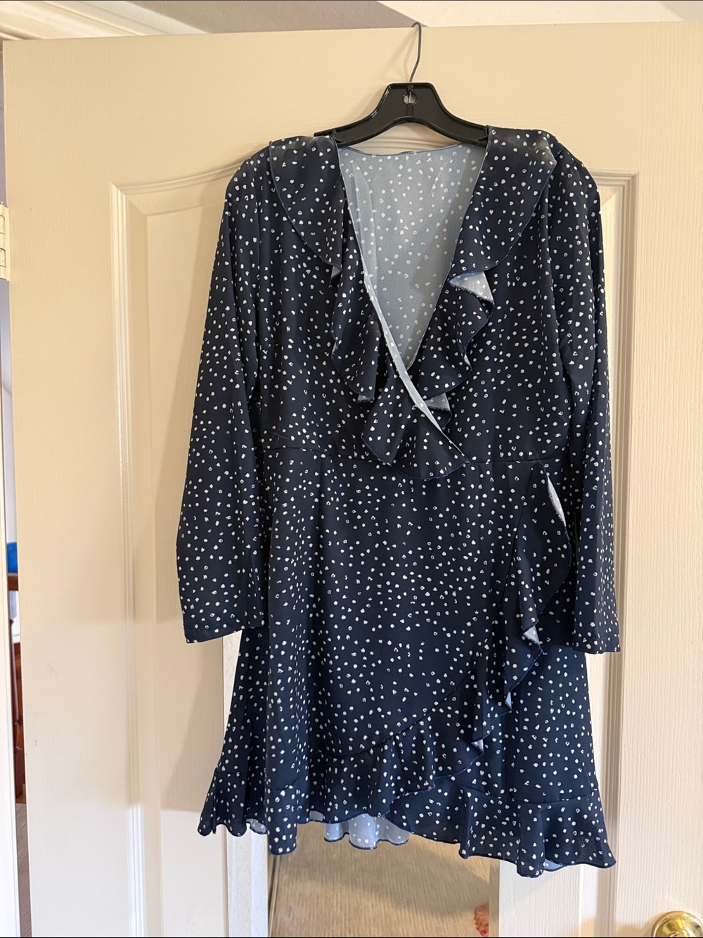 Navy Blue Polka Dot Ruffle Wrap Dress
